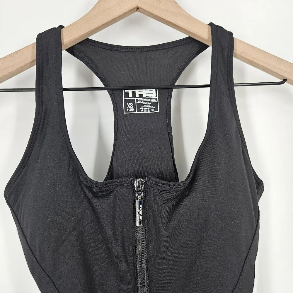 TA3 Black And White Scoopy Seamed Zip One Piece Swimsuit XS XLong NWT